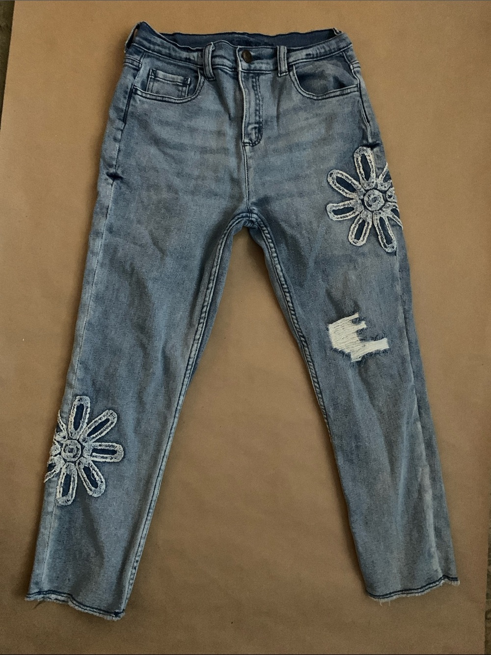 Justice Blue Straight-Leg Jeans with Daisy Embroidery